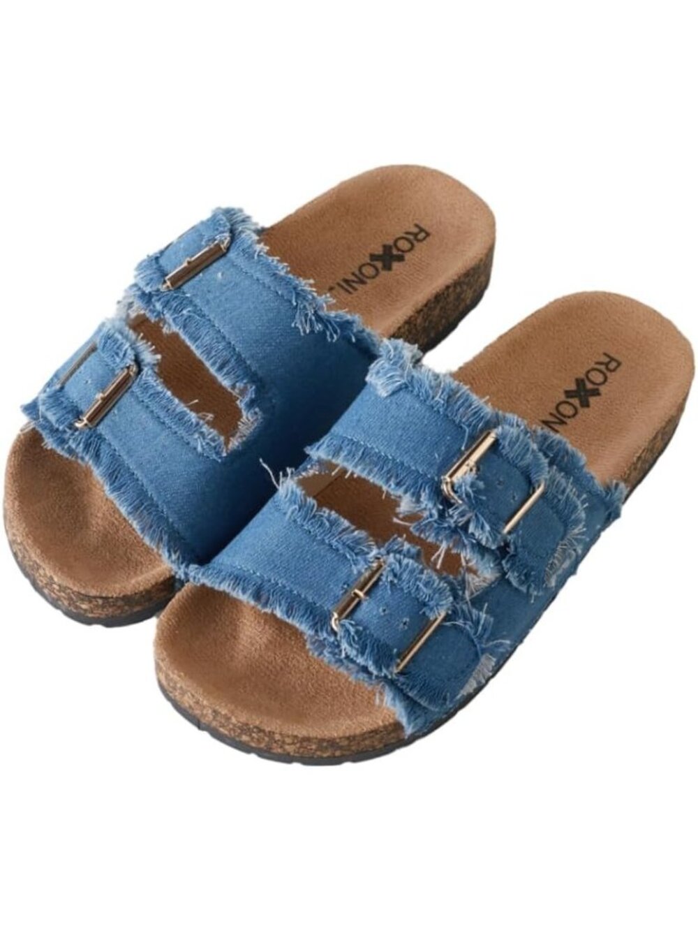 Women's Blue Comfort Double Buckle Adjustable Strap Slide Flat Sandal Shoes